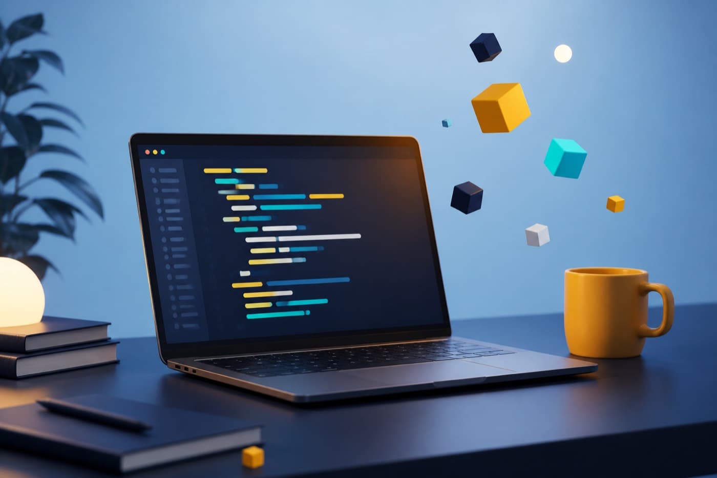 A laptop on a navy desk with a yellow mug, ready for a JavaScript session