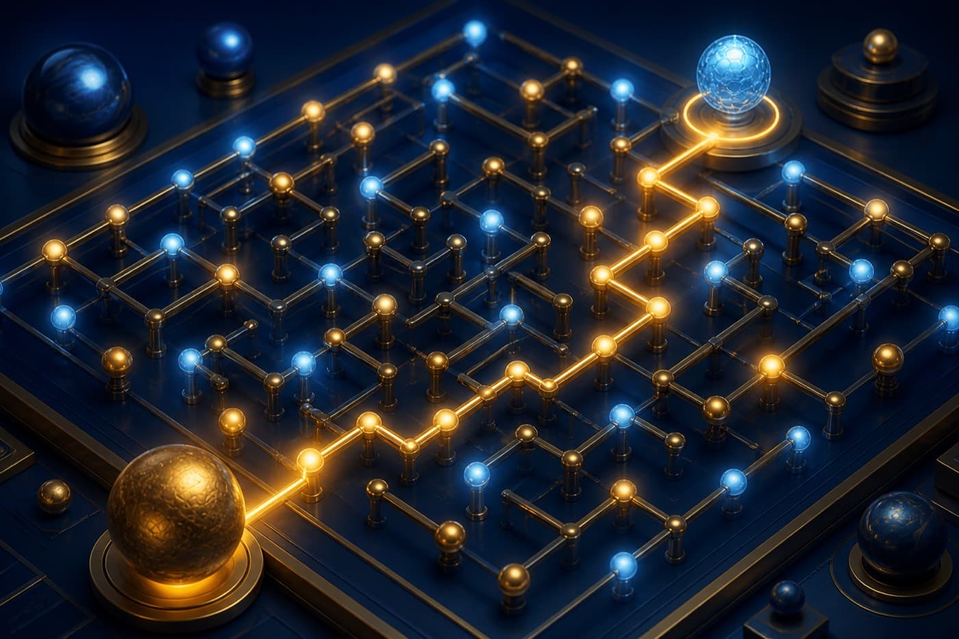 A maze of nodes with a golden path through it