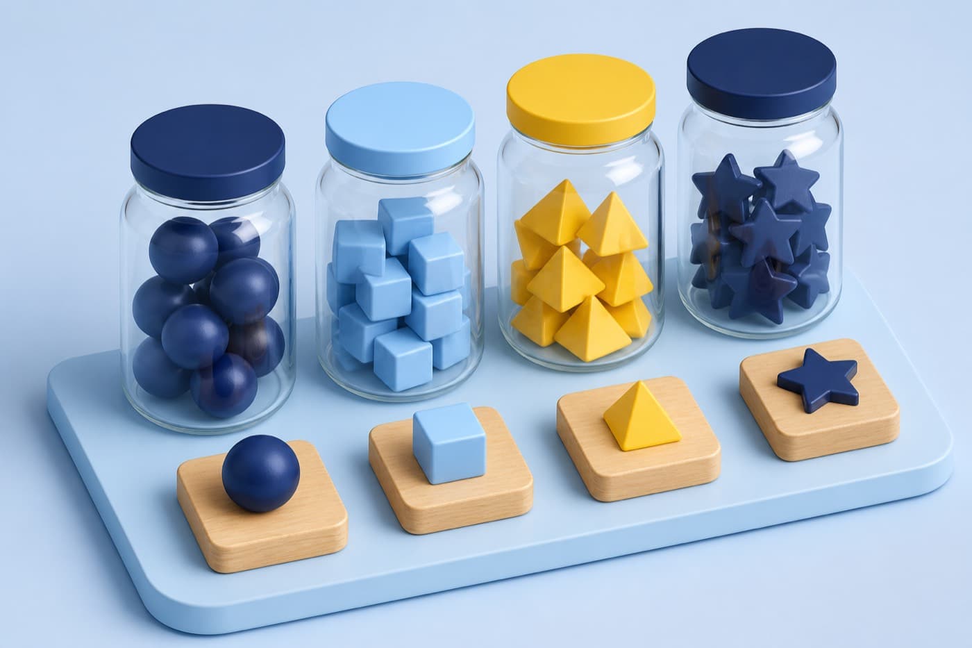 Glass jars and wooden blocks on a studio desk