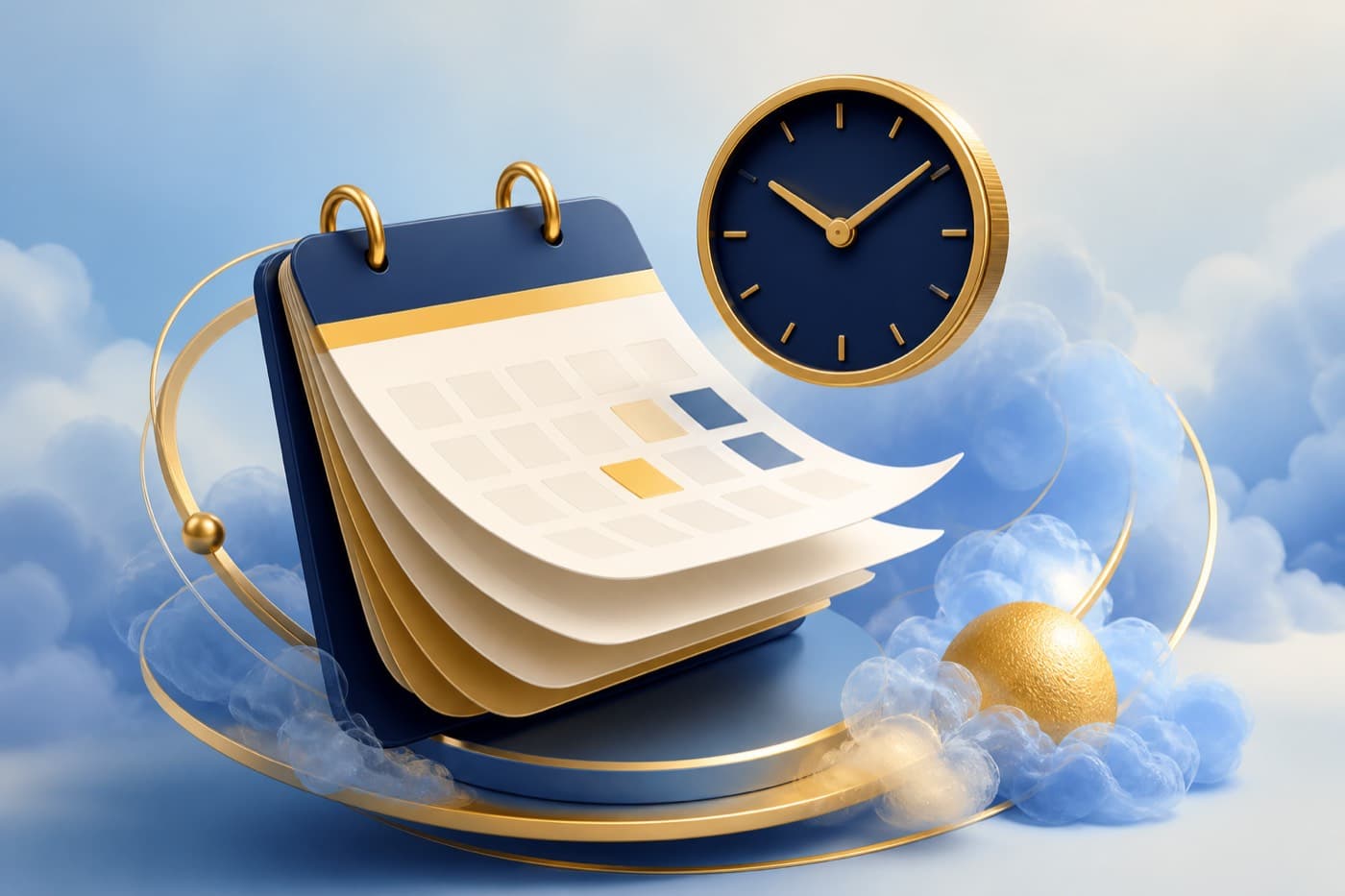 A clock and calendar in navy and gold light