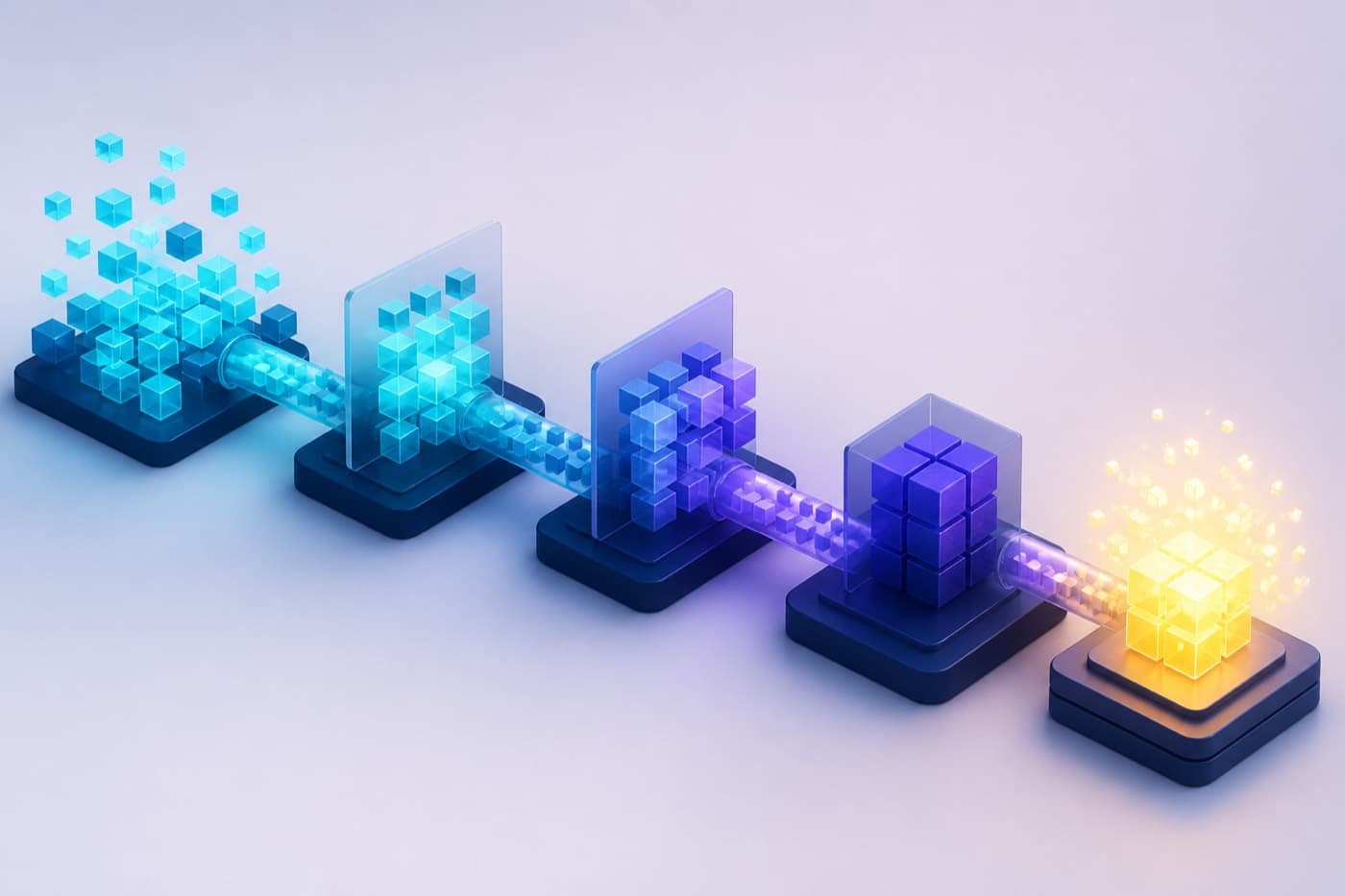 Glowing cubes flowing through a pipeline